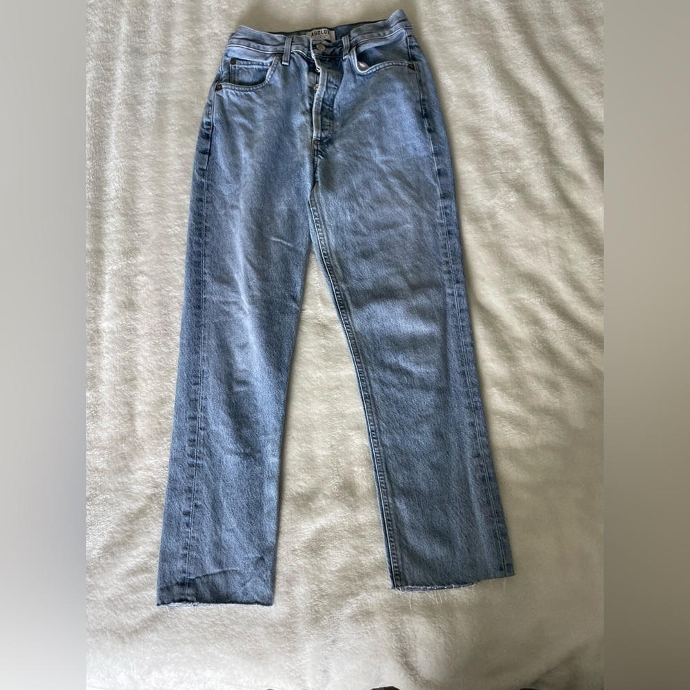 Agolde Riley Light Blue Straight Leg Raw Hem Jeans - Picture 12 of 13
